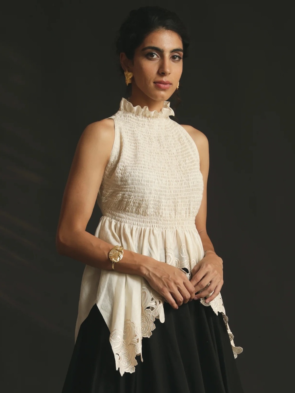 Chandrima Ivory Smocked Cutwork Top Handkerchief Hem Medium NEW NWT - Picture 1 of 8